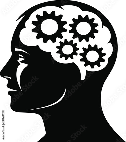 Black silhouette of a human head with gears inside the brain representing ideas and thinking