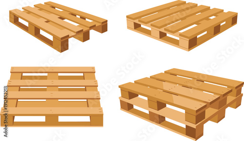 Wooden pallet collection vector illustration in multiple angles isolated on white background for shipping logistics and warehouse storage