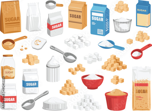 Sugar packaging collection with cubes bowls scoops jars and bags isolated flat vector illustration set for baking ingredient design, grocery product