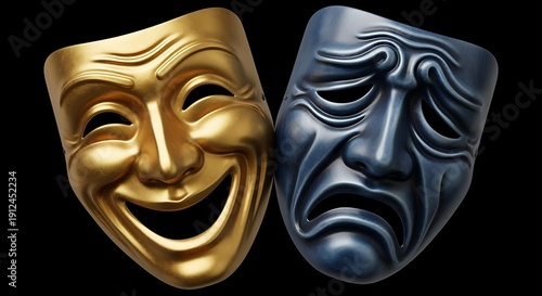 Gold and Blue Theater Masks of Comedy and Tragedy with Expressive Facial Expressions