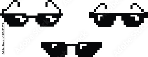 Pixel sunglasses silhouettes set featuring retro 8 bit style, gaming icons, meme graphics, digital fashion elements, and modern pixel art vector illustration