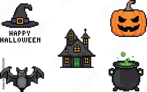 Pixel Art Halloween Set with Witch Hat Haunted House Pumpkin Bat and Cauldron Retro 8 Bit Vector Illustration Isolated on Light Background
