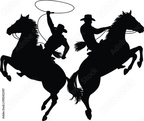 Powerful cowboy lasso horseback silhouettes capturing western rodeo action, rearing horses, ranch culture, equestrian strength, and dramatic Wild West vector illustration