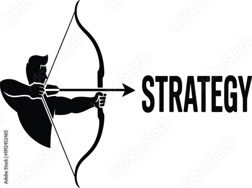 Black silhouette of a person aiming a bow and arrow with the word strategy
