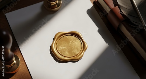 Golden Wax Seal on White Paper with Shadows and Office Supplies