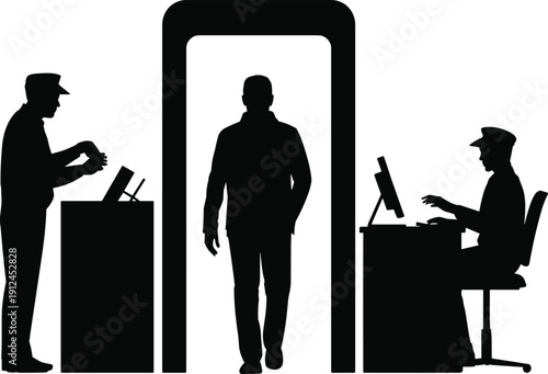 Airport Security Checkpoint Silhouette with Passenger Walking Through Metal Detector Gate, Officer Inspection and Travel Screening Process Illustration Isolated on White Background