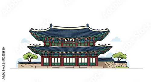Illustrative depiction of a Korean palace, reminiscent of the architecture featured during the Korea March 1st Movement era, rendered with clean lines and vibrant colors