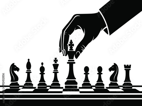 A hand in a suit moves a chess piece on a chessboard
