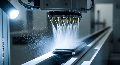 Automated industrial spray coating machine applying liquid onto a product on a conveyor belt