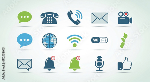 Collection of communication and technology icons on a light background.