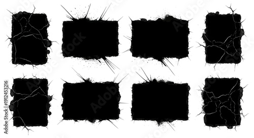 distressed black frames cracked textures sharp ink splatters on white perfect for horror grunge art and edgy graphic design.