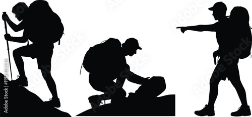 Hiker Silhouette Set with Backpack Climbing Mountain, Resting and Pointing Direction, Outdoor Adventure and Trekking Lifestyle Illustration Isolated on White Background