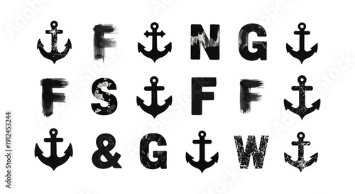 distressed grunge black letters and nautical anchor symbols textured on white ideal for vintage maritime and creative typography.