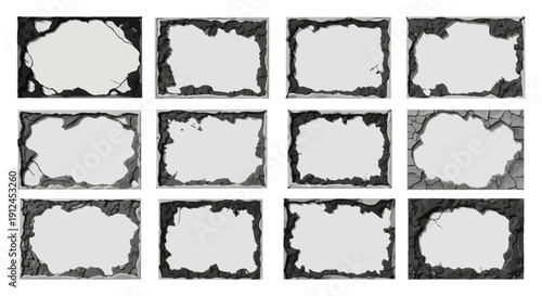 distressed grunge frames and broken concrete borders offering empty copy space ideal for game ui elements textured backgrounds and design.