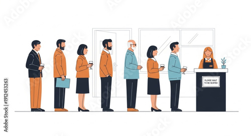 People standing in line at a service counter illustration.
