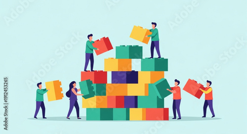 Teamwork building a colorful structure with toy blocks.