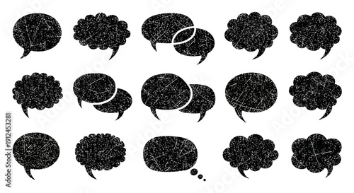 distressed grunge speech bubbles and thought balloons in various shapes for communication dialogue social media icons and web design elements.