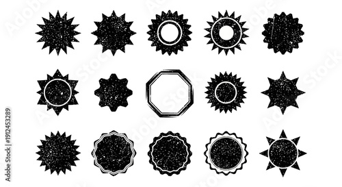 distressed grunge vector starburst sunburst and octagon shapes rough textured set for vintage badges and labels