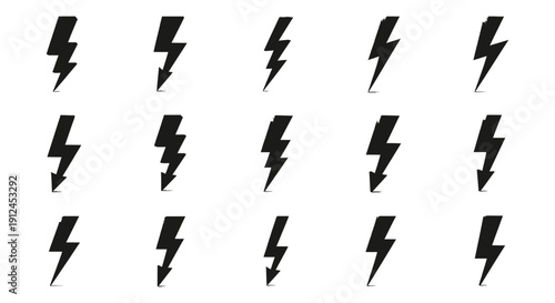 distressed lightning bolt icons grunge thunderbolt symbols on white conveying electricity power speed warning.