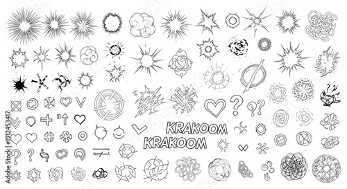 diverse manga and comic book graphic elements with explosive impacts speed lines speech bubbles and emotional symbols for creative design.