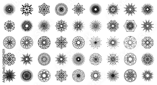 diverse set of abstract geometric mandalas starbursts and radial patterns perfect for spiritual sacred geometry and graphic design.