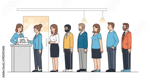 Diverse group of people waiting in line at a counter.