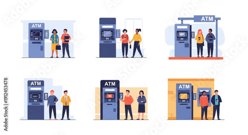 People using ATM machines for financial transactions.