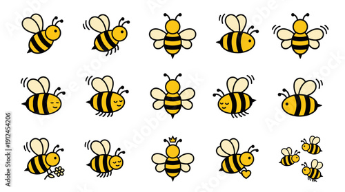 Twelve cute cartoon bees in a grid showing yellow and black stripes with wings on a white background