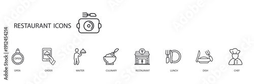 restaurant icons set outline and Flat Style,transparent background