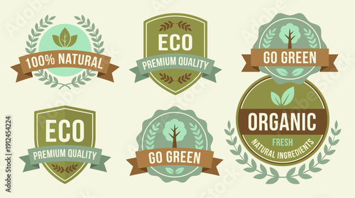 Collection of eco-friendly seal badges featuring natural, organic, and go green messaging for sustainable products