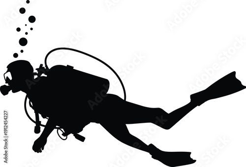 Scuba Diver Silhouette Underwater with Oxygen Tank and Fins, Marine Adventure and Deep Sea Exploration Concept Illustration Isolated on White Background