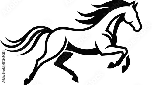 Stylized black horse silhouette in motion with flowing mane and dynamic gait, vector illustration for equestrian, sports, and wildlife design