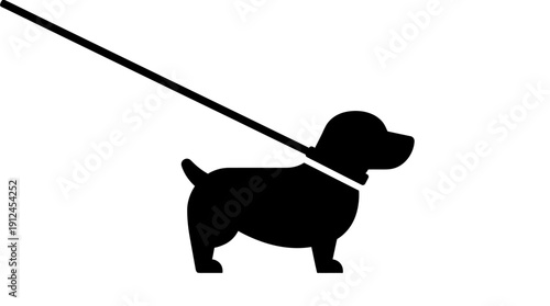 Silhouette of a small dog on a leash against a white background, a simple black dog silhouette suitable for pet photography and design