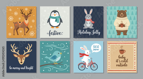 Whimsical Winter Holiday Card Collection featuring cute animals like deer, penguin, bunny and bear with festive snow scenes, bicycles, and colorful backgrounds