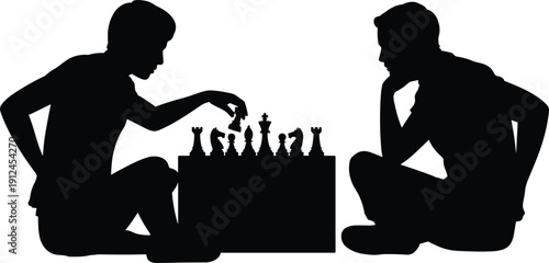 Silhouette of Two Men Playing Chess, Intense Strategic Battle and Intellectual Mind Game Concept on Classic Board Game Illustration in Black and White