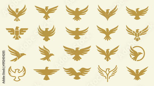 Collection of golden phoenix wing emblems and decorative bird logos arranged in a grid for branding, badges, and emblem design projects.