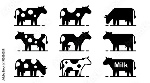 Set of black dairy cow silhouettes and milk bottle icon - farm animals vector silhouettes collection