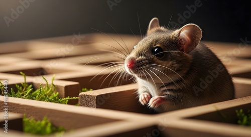 Mouse exploring a wooden maze structure with green moss. Behavioral science and psychology research. Rodent navigating a cognitive test for intelligence and memory studies
