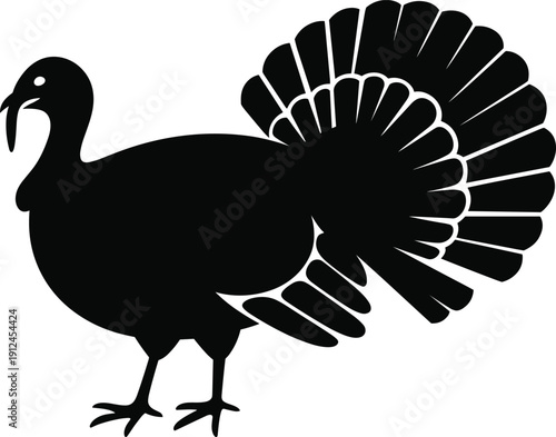 Turkey Bird Silhouette with Fanned Tail Feathers, Wild Farm Animal Illustration, Thanksgiving Symbol and Wildlife Poultry Graphic Isolated on White Background