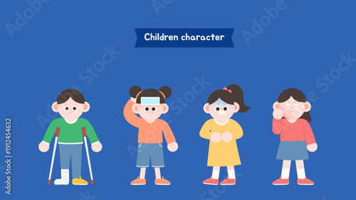 플랫 벡터 일러스트 스타일의 목발과 복통 표현 아픈 어린이 캐릭터 세트