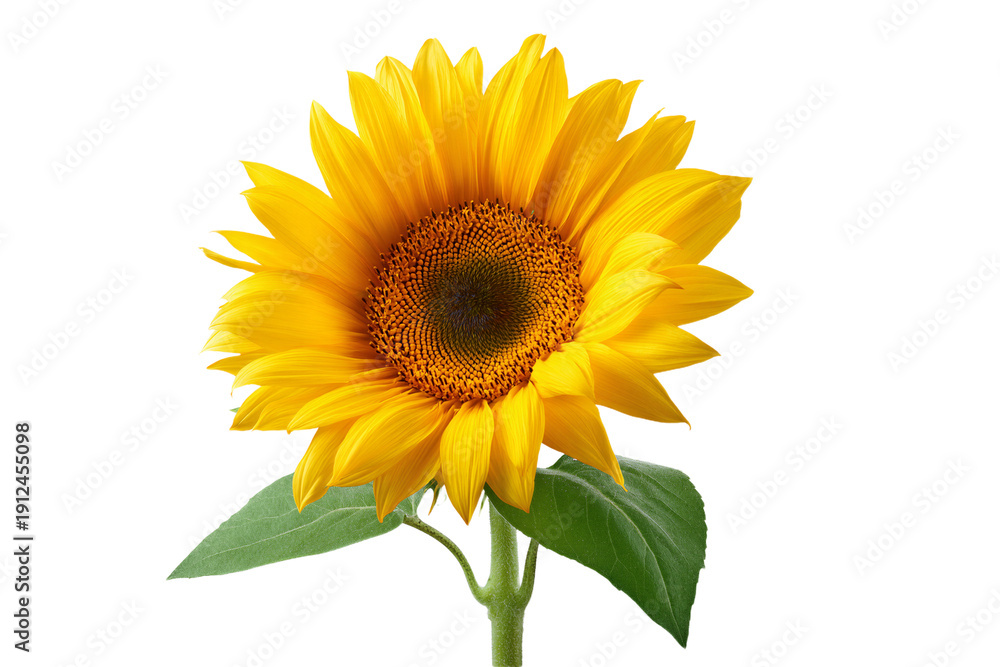Naklejka premium Vibrant yellow sunflower on white background with green leaves
