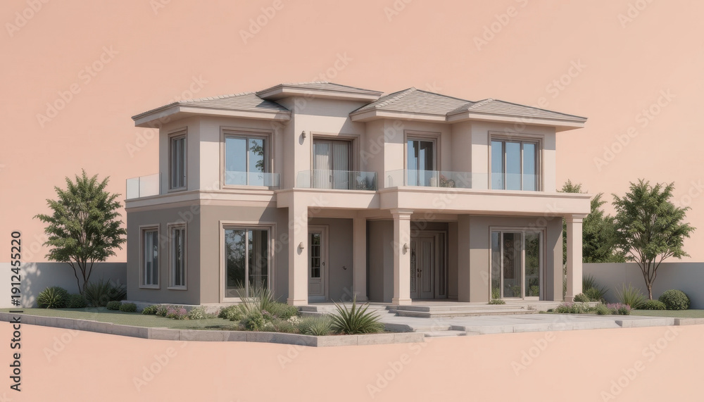 Fototapeta premium Modern two story house with minimalist design features large windows and flat roof. exterior is painted in neutral tones, complemented by landscaped garden with small trees and shrubs