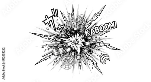 dynamic comic book explosion with kaboom text radiating lines and debris perfect for manga webtoons and action game design.