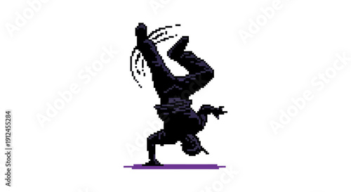 dynamic pixel art breakdancer performing a headspin move with energetic motion lines a retro game aesthetic perfect for hip hop culture visuals.