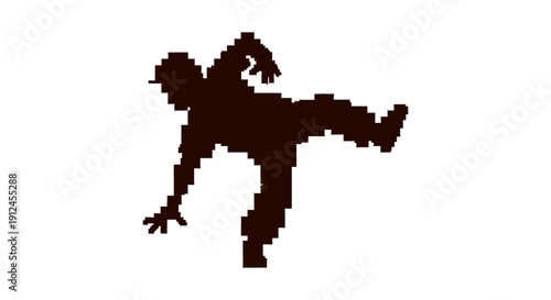 dynamic pixelated silhouette of a person in an energetic pose evoking retro gaming art for movement dance or martial arts themes on white.