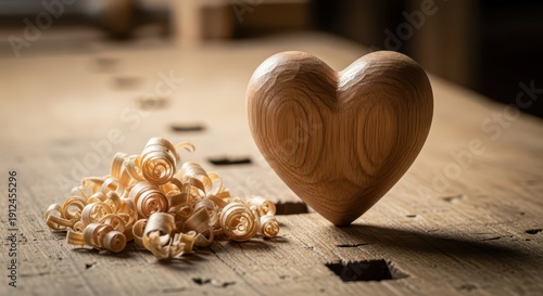 Handcrafted wooden heart sits beside pile of delicate wood shavings on rustic workbench surface