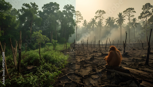 illustration of natural damage to forests, deforestation with orangutans losing their habitat