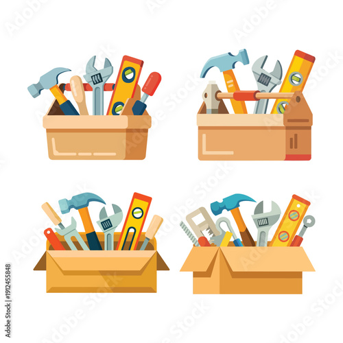 Handyman Tool Box with Hammer Wrench Screwdriver and Level Flat Design Vector