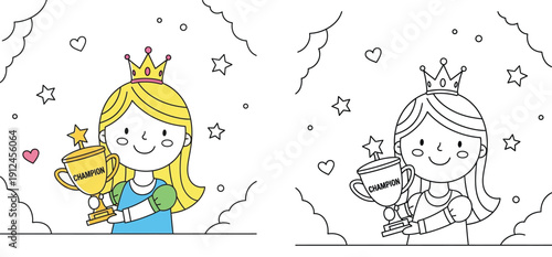 Cute Girl Champion Princess Holding a Gold Trophy Illustration with Coloring Page Version, Kids Achievement and Success Cartoon Vector for Educational and Creative Activities