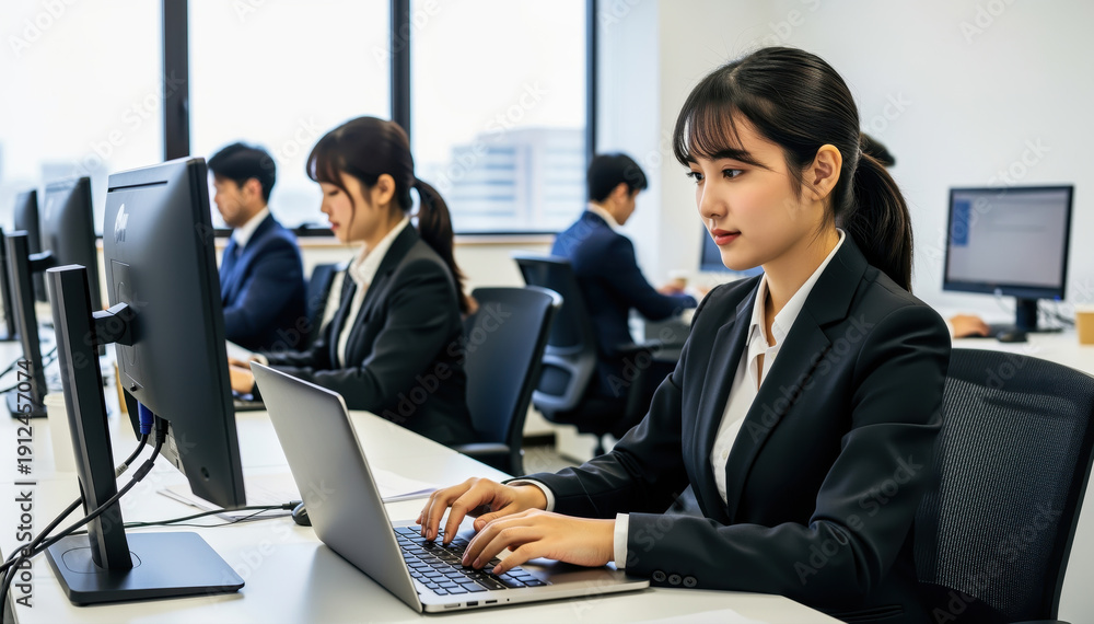 Fototapeta premium Efficiency and Focus: A dedicated team, dressed in sharp business attire, immersed in the digital workspace, working with computers, signifying business innovation and success. 